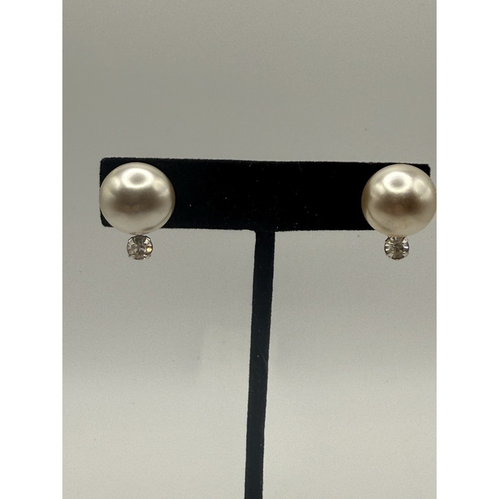 Vintage Marvella Earrings Screw Back Faux Pearl Rhinestone Silver Tone Signed